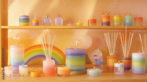 Wallpaper Mural Pride-Themed Home Fragrance Products: A display of candles and diffusers in rainbow packaging, promoting self-care and pride. Torontodigital.ca
