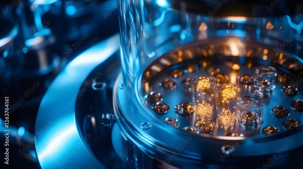 Close-up of metallic scientific equipment with glowing elements. Close-up of metallic scientific equipment with glowing elements.
