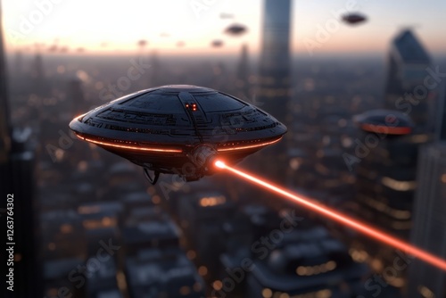 A sleek, futuristic UFO hovers above the city, firing bright lasers, creating an intense spectacle that evokes themes of science fiction and potential extraterrestrial interaction. photo