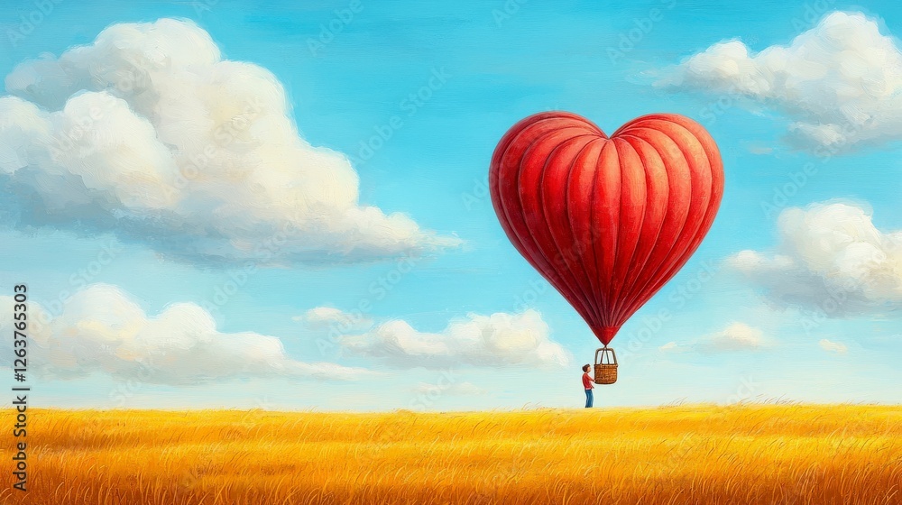 Fototapeta premium Heart-Shaped Hot Air Balloon Floating Above a Golden Field Under a Bright Blue Sky with Cotton Clouds