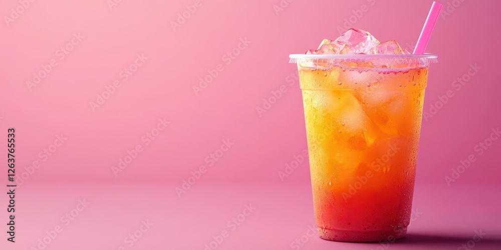 Refreshing iced beverage served in a clear cup against a vibrant pink background Refreshing iced beverage served in a clear cup against a vibrant pink background