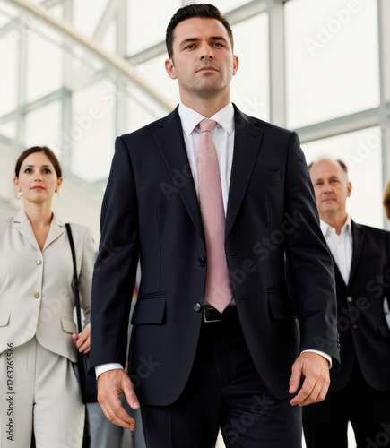 A group of business professionals walking purposefully through a bright, modern office building. Demonstrates confidence, teamwork, leadership, and success photo