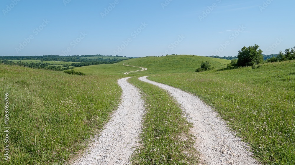 Winding dirt road through grassy hills under blue sky. Landscapes Winding dirt road through grassy hills under blue sky. Landscapes