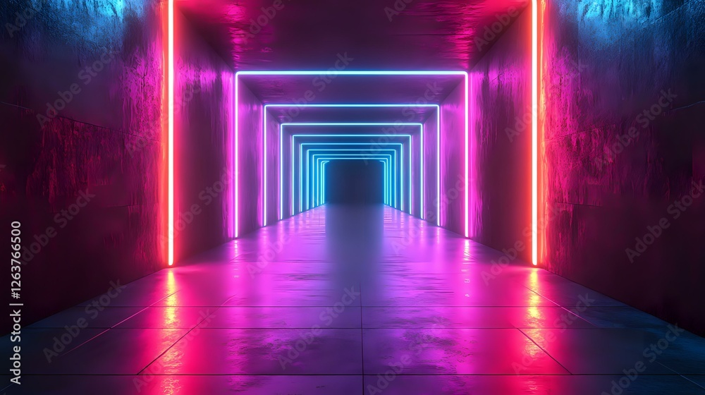 Futuristic neon tunnel with glowing pink and blue rectangular frames creating infinite perspective. Reflective floor adds depth to geometric light installation. Futuristic neon tunnel with glowing pink and blue rectangular frames creating infinite perspective. Reflective floor adds depth to geometric light installation.
