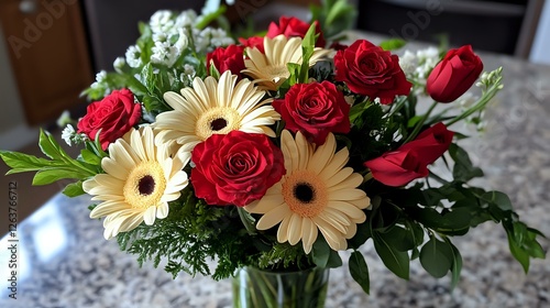 Fresh floral arrangement with vibrant red roses and cream gerbera daisies in glass vase, accented with white baby's breath and green foliage on marble counter. photo