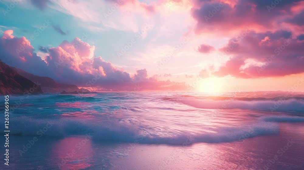 A breathtaking sunset over a tranquil beach, with colorful clouds reflecting on the water. Serene scenery for meditation. A breathtaking sunset over a tranquil beach, with colorful clouds reflecting on the water. Serene scenery for meditation.