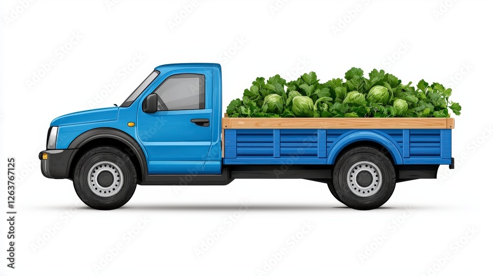 Blue Pickup Truck Loaded with Fresh Green Cabbage and Leafy Vegetables for Local Farmers Market Blue Pickup Truck Loaded with Fresh Green Cabbage and Leafy Vegetables for Local Farmers Market