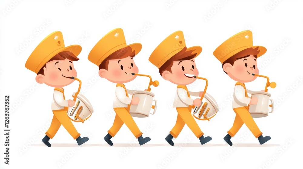 Cheerful cartoon boy playing saxophone while marching in vibrant yellow outfit with drum in festive parade
