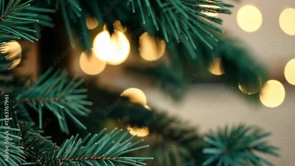 Festive evergreen branch with twinkling light bokeh transition Festive evergreen branch with twinkling light bokeh transition