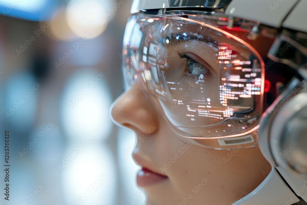 A close-up of a futuristic robotic figure showcasing advanced augmented reality technology integrated into its display and human-like features, capturing modern innovation. A close-up of a futuristic robotic figure showcasing advanced augmented reality technology integrated into its display and human-like features, capturing modern innovation.
