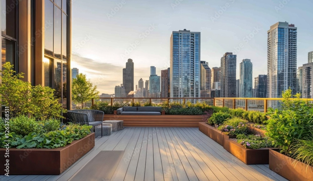 Fototapeta premium Urban Oasis: Rooftop Garden with City Skyline View