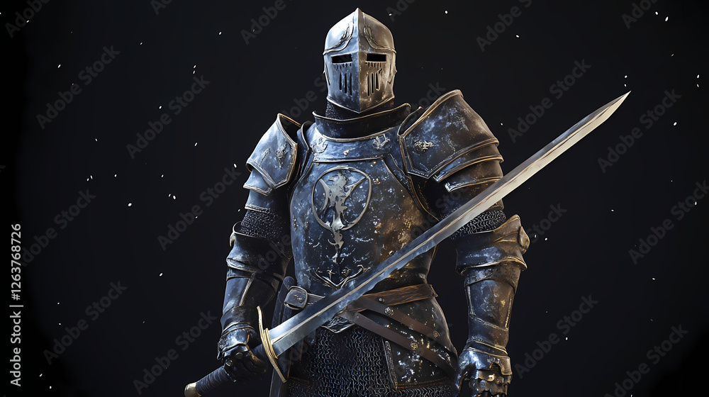 Naklejka premium Full body medieval knight in worn armor holding a sword. Nebula-Infused Armor. Illustration