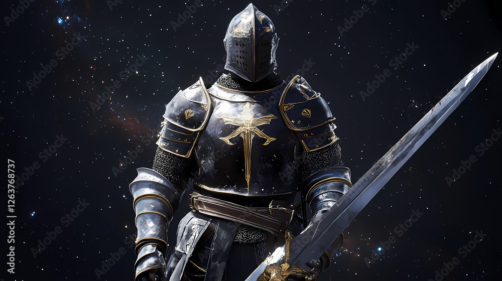 Fototapeta premium Full body medieval knight in worn armor holding a sword. Nebula-Infused Armor. Illustration