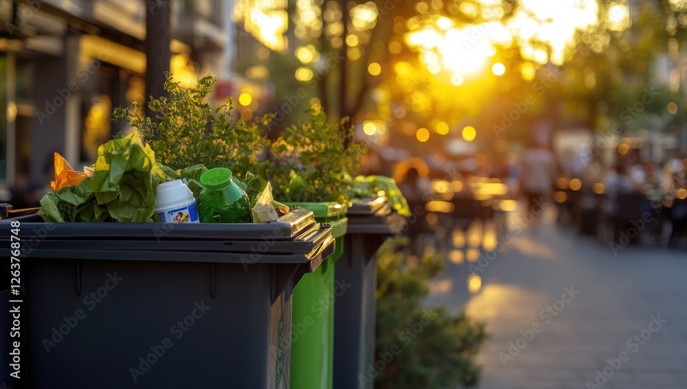 Urban Sunset: Recycling Bins Filled with Organic Waste at Golden Hour Urban Sunset: Recycling Bins Filled with Organic Waste at Golden Hour