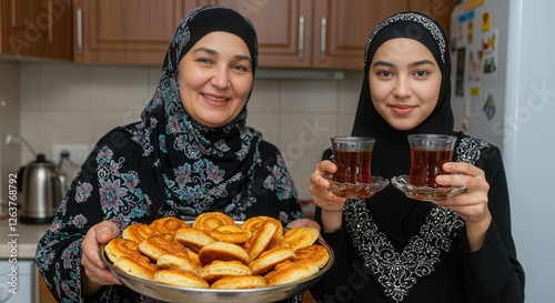 woman in hijab showing homemade food for ramadan iftar meal with family in cozy kitchen photo