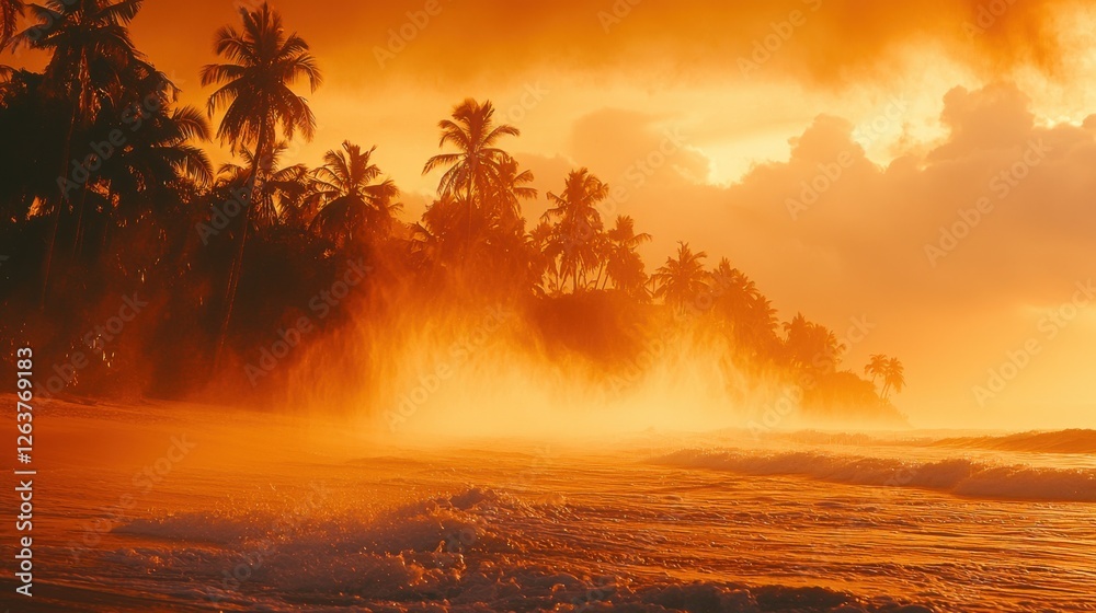 Fototapeta premium Tropical Beach at Sunset: Golden light bathes the coast, palm trees silhouetted against a warm, inviting sky. A serene paradise.
