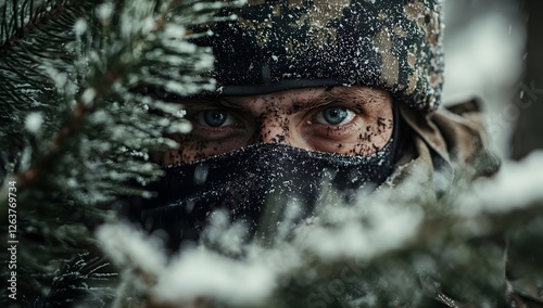 Russian Special Forces Soldier in Camouflage with Black Bandana Hiding Behind Snow-Covered Pine Tree, Face Covered in Mud, Intense Stare photo