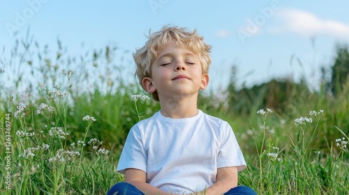 Wallpaper Mural Boy meditates in wildflowers, peaceful nature background, healthy lifestyle, wellbeing Torontodigital.ca
