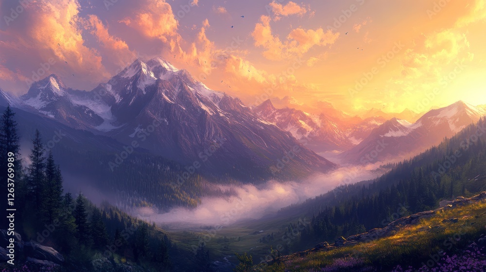 Obraz premium Majestic Sunset over Snowy Mountain Valley