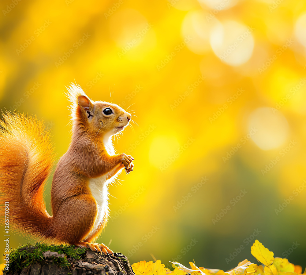 red squirrel standing on its hind legs, surrounded by vibrant autumn foliage, exudes curiosity and charm in sunny setting red squirrel standing on its hind legs, surrounded by vibrant autumn foliage, exudes curiosity and charm in sunny setting
