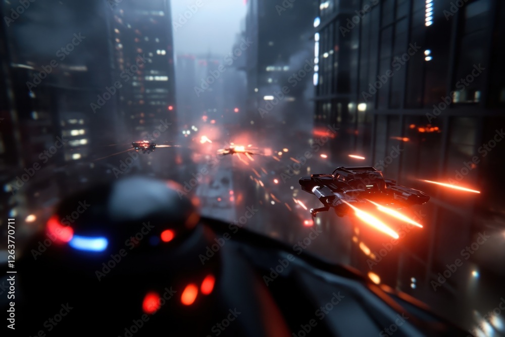 The image captures drones in flight among an urban landscape, showcasing a dramatic scene of futuristic warfare with vibrant colors and dynamic lighting. The image captures drones in flight among an urban landscape, showcasing a dramatic scene of futuristic warfare with vibrant colors and dynamic lighting.
