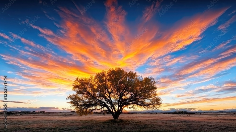 Obraz premium Single tree at sunset over a field. Landscape, serenity, nature, tranquility, showcasing beauty