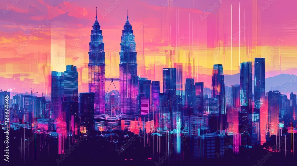 Obraz premium Vibrant Kuala Lumpur Skyline at Sunset: A Digital Art Masterpiece