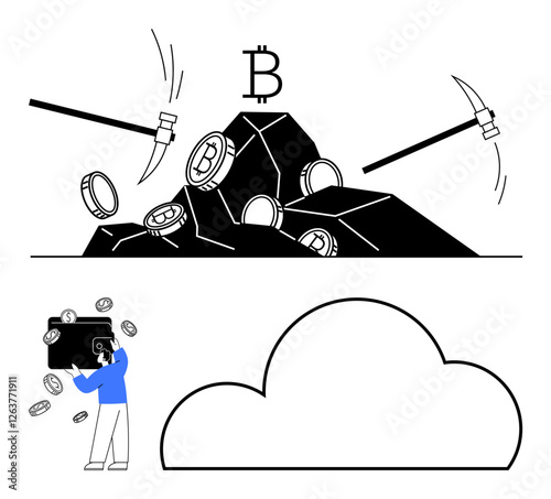 Pickaxes striking rocks containing Bitcoin symbols, coins scattered. Character pouring coins from wallet into cloud. Ideal for cryptocurrency, digital economy, cloud storage, data security, financial