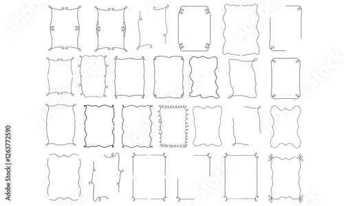 Whimsical Hand Drawn Doodle Frames, Rectangle Borders for Wedding Invitations, Greeting Cards, Scrapbooking, and Invites, Squiggle Border with Loop Characteristics Collection Set of Frames