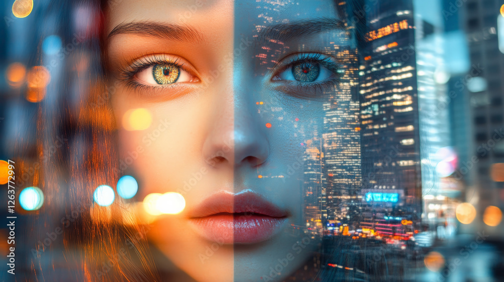 captivating double exposure of young woman face merging with cityscape, showcasing vibrant lights and urban life captivating double exposure of young woman face merging with cityscape, showcasing vibrant lights and urban life
