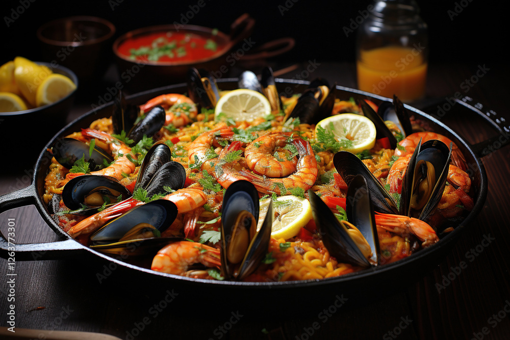Paella with mussels and shrimps Paella with mussels and shrimps