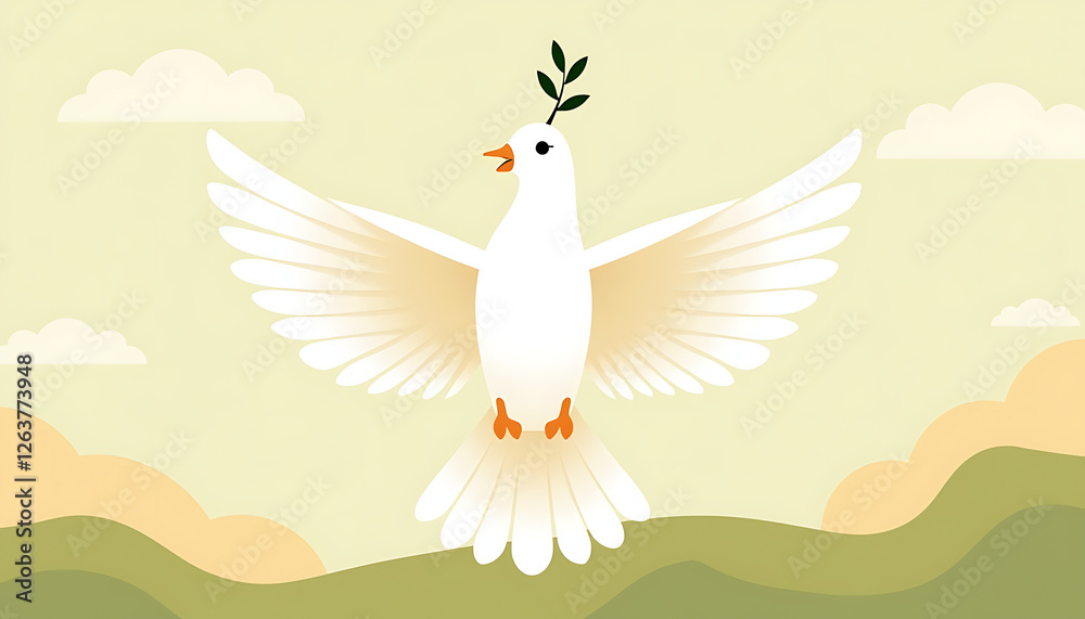 Fototapeta premium Dove flying with olive branch against soft green landscape