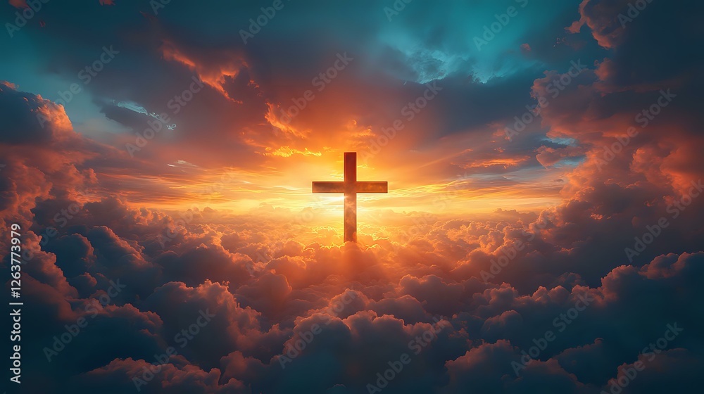 Fototapeta premium Glowing cross silhouette against dramatic sunset sky with orange sunbeams breaking through dark storm clouds, spiritual and religious background concept.