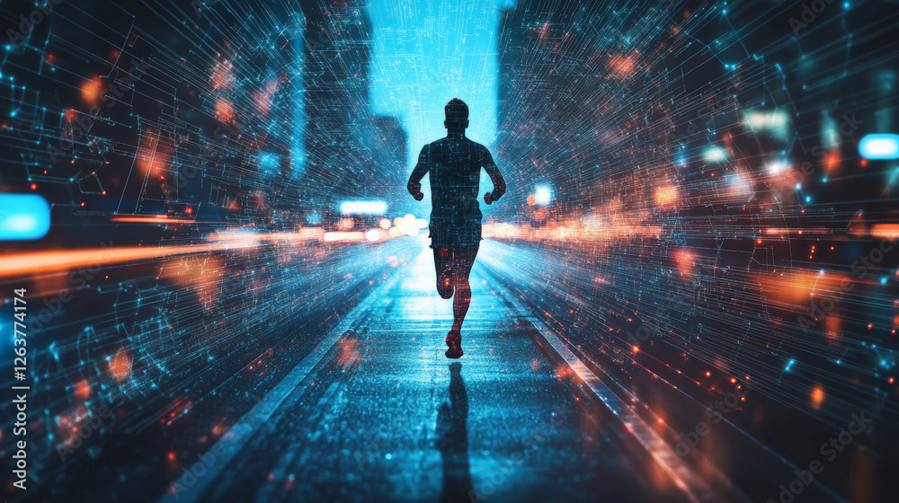 Obraz premium Runner in motion on city street, surrounded by digital effects and lights, creating intense atmosphere of speed and energy