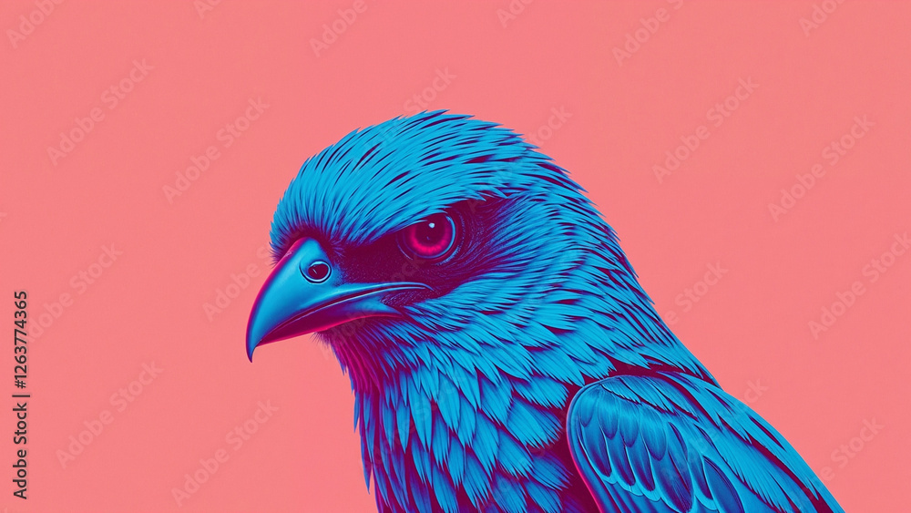 Fototapeta premium Vibrant Digital Illustration of a Blue Falcon Against a Bold Pink Background, Modern Pop Art Style