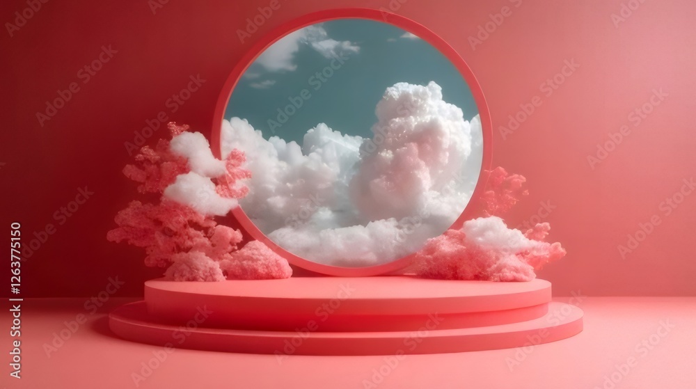 Coral pink podium with cloudy sky backdrop. Coral pink podium with cloudy sky backdrop.