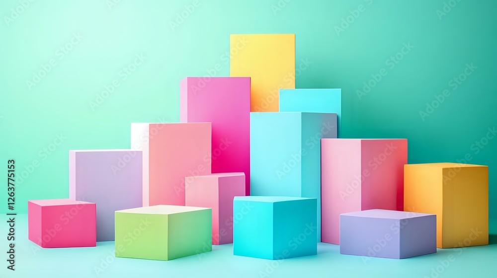 Colorful geometric cubes and rectangles arranged in abstract composition on mint green background, pastel colored blocks creating modern minimal display platform. Colorful geometric cubes and rectangles arranged in abstract composition on mint green background, pastel colored blocks creating modern minimal display platform.