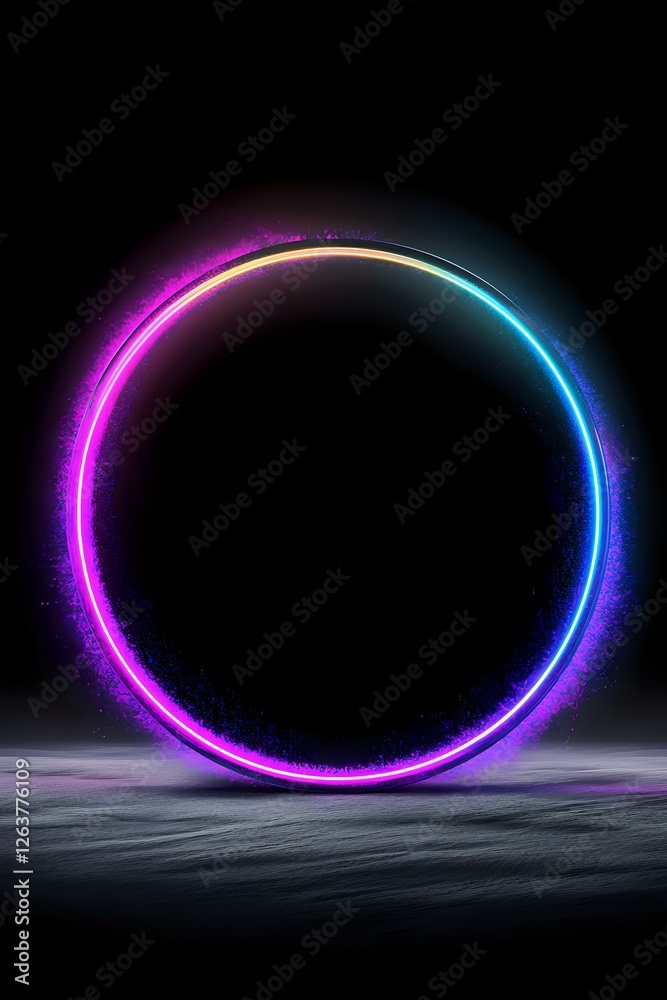 Glowing neon circle with gradient colors from purple to blue floating above misty ground, luminous ring effect against dark background creates futuristic portal atmosphere. Glowing neon circle with gradient colors from purple to blue floating above misty ground, luminous ring effect against dark background creates futuristic portal atmosphere.