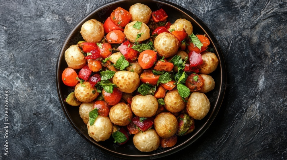Colorful Vegetable Balls with Fresh Herbs on Dark Plate Colorful Vegetable Balls with Fresh Herbs on Dark Plate
