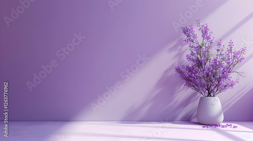 A serene interior scene featuring a white vase with purple flowers against a lavender wall, casting soft shadows