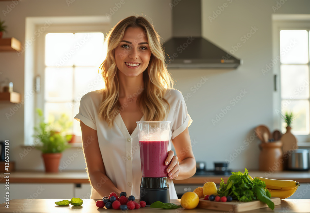 A cheerful woman blends a colorful berry smoothie in a modern kitchen with fresh ingredients. The scene promotes a vibrant and healthy lifestyle A cheerful woman blends a colorful berry smoothie in a modern kitchen with fresh ingredients. The scene promotes a vibrant and healthy lifestyle