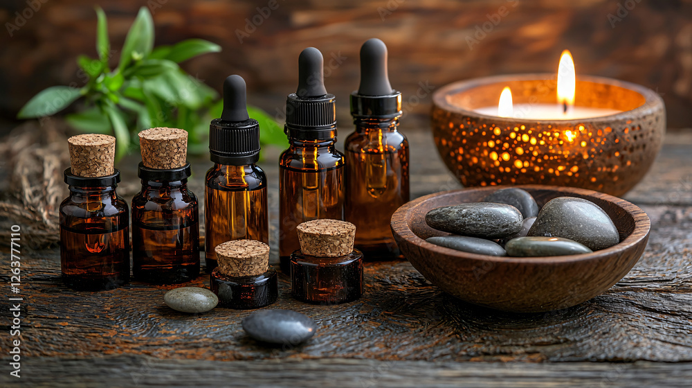 A collection of essential oil bottles with cork stoppers arranged next to a bowl of smooth stones and aromatic candles. A collection of essential oil bottles with cork stoppers arranged next to a bowl of smooth stones and aromatic candles.