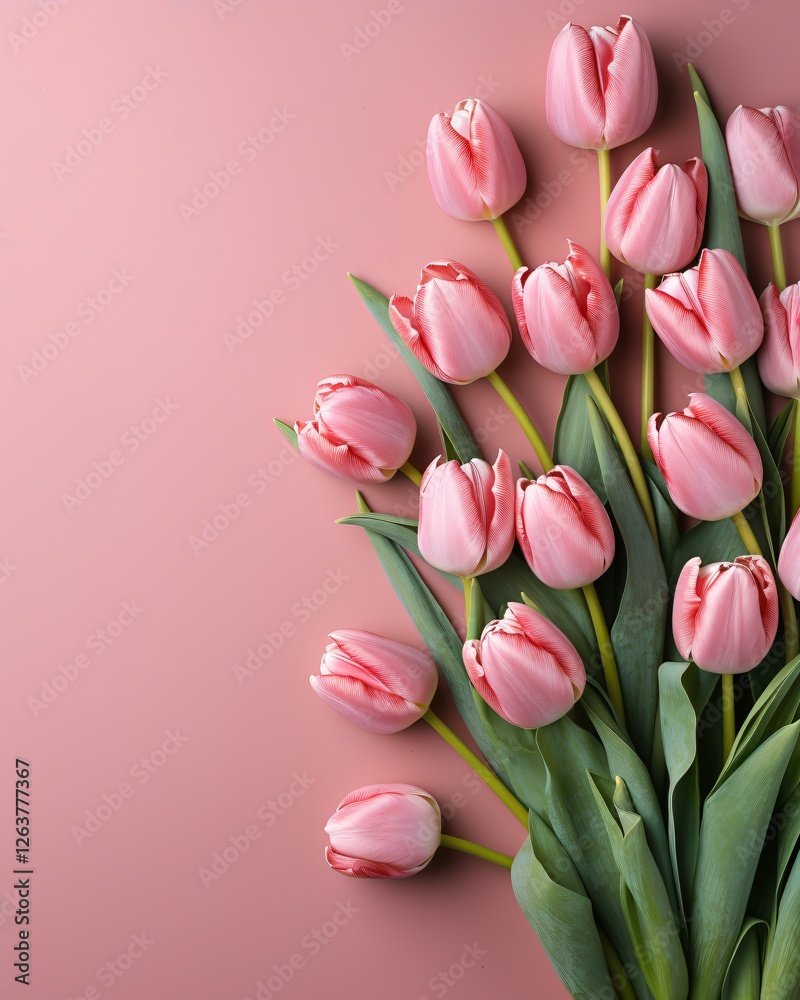 Obraz premium top view of pink tulips on table