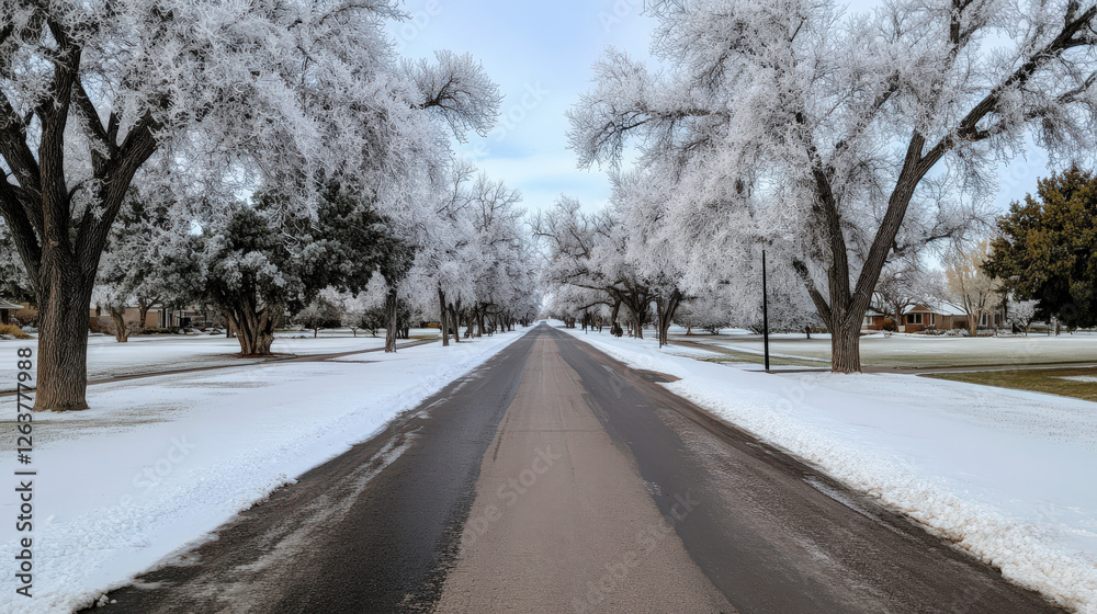 Obraz premium Serene Winter Landscape with Snow-Covered Trees Flanking a Quiet Roadway on a Chilly Day in a Calm Rural Neighborhood Scene