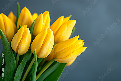Yellow Tulip Bouquet Against Blue-Gray Background