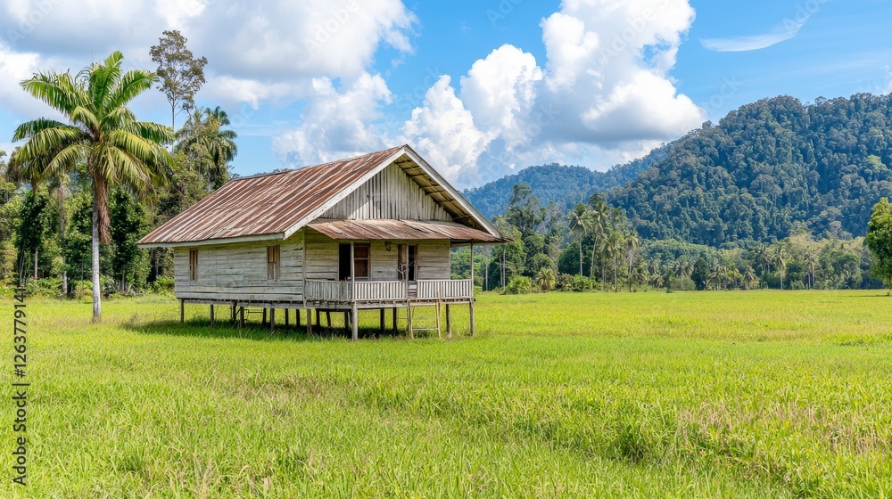 Serene Wooden House on Stilt Amidst Lush Green Rice Field with Mountain Background Serene Wooden House on Stilt Amidst Lush Green Rice Field with Mountain Background