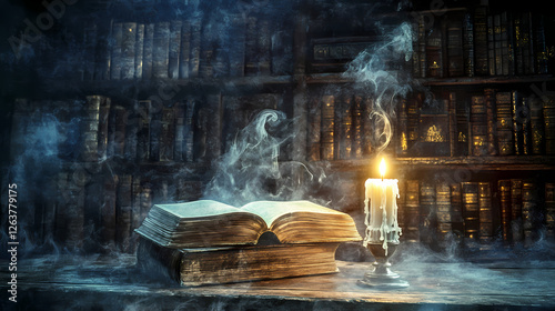 Library of the lost with ancient, dust-covered shelves, ghostly whispers, dim candlelight illuminating a mysterious book. Whispering Book Archives. Illustration photo