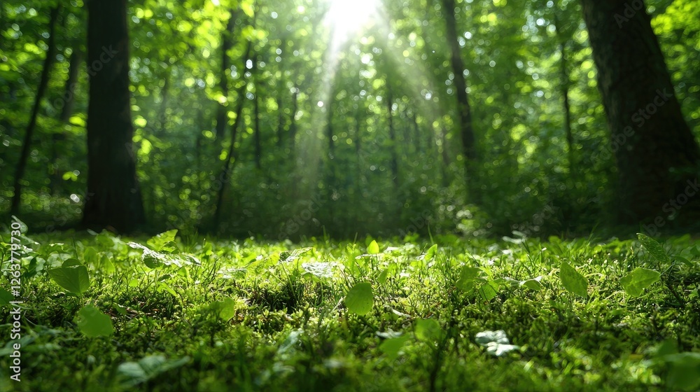 Sunbeams in lush green forest, mossy ground. Nature scene, environmental use Sunbeams in lush green forest, mossy ground. Nature scene, environmental use