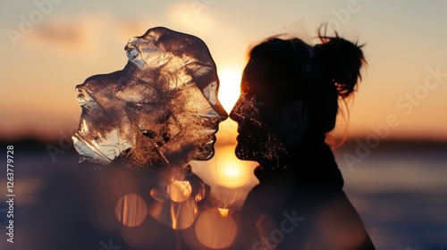 Silhouette of a couple holding an ice sculpture in the shape of a face, with warm sunset light glowing through. A perfect blend of nature and romance. AI generated.