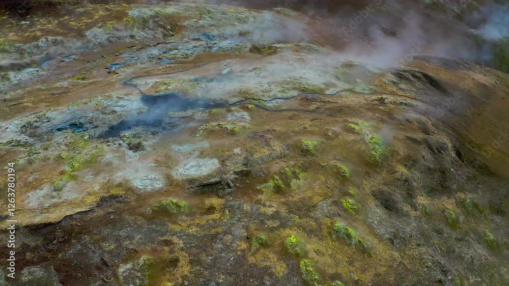 Aerial view of the volcanic Hverir Geothermal Area, located in the Mývatn region of northern Iceland. Aerial view of the volcanic Hverir Geothermal Area, located in the Mývatn region of northern Iceland.